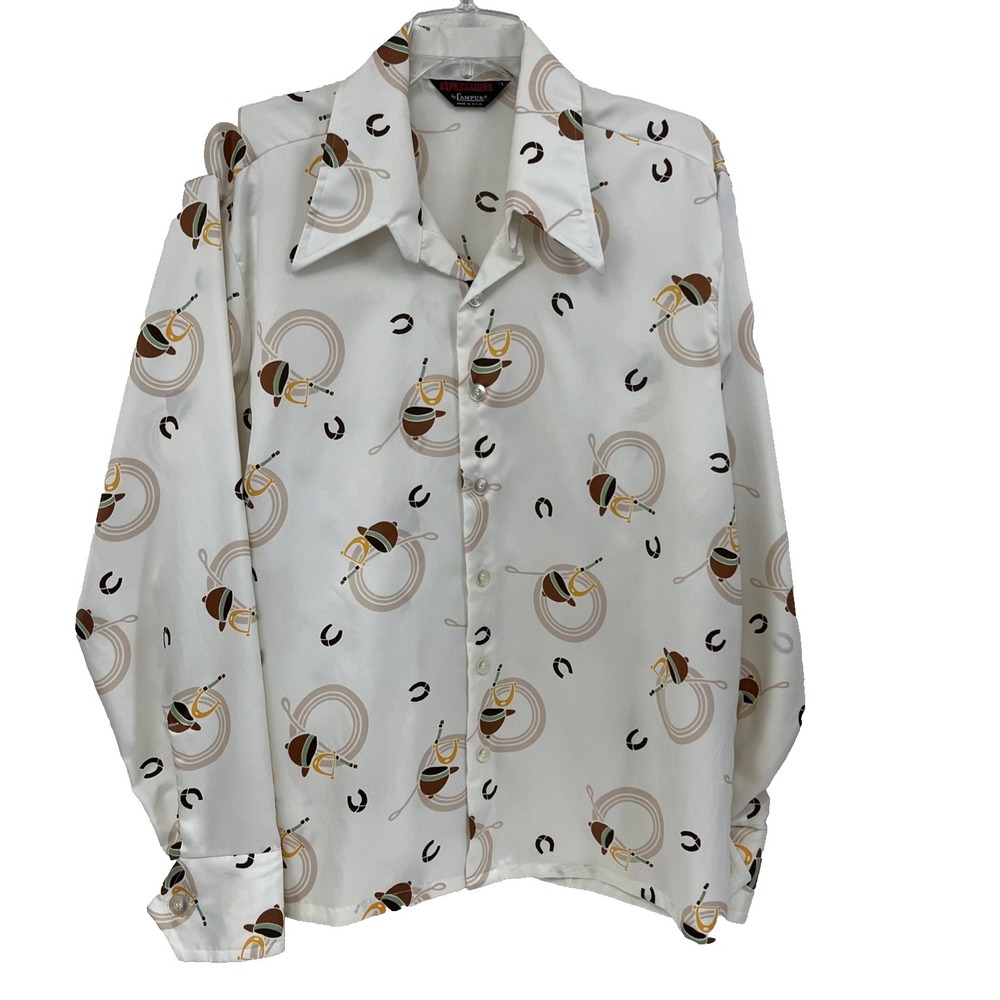 VTG 70's Expressions by Campus Mens Shirt Size L Equestrian Disco Dagger Collar